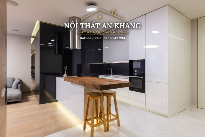 Bếp trắng – đen, đảo gỗ – góc 1
