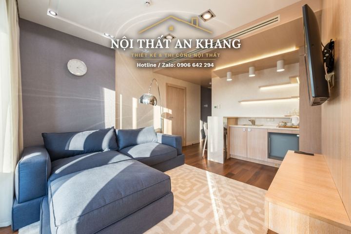 Phòng khách căn hộ cao cấp tông gỗ – mẫu thiết kế nội thất căn hộ