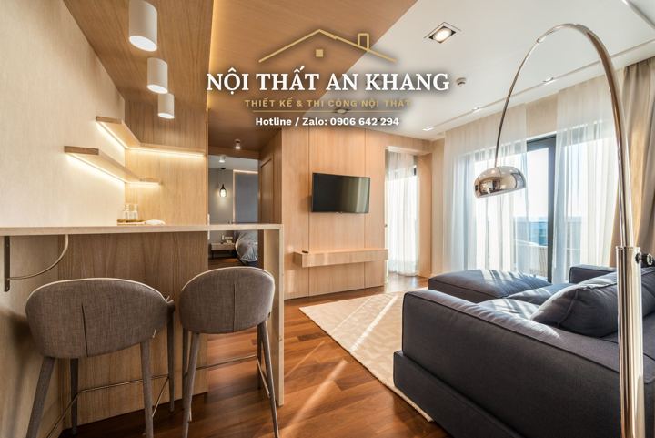Phòng khách căn hộ cao cấp tông gỗ – góc 9