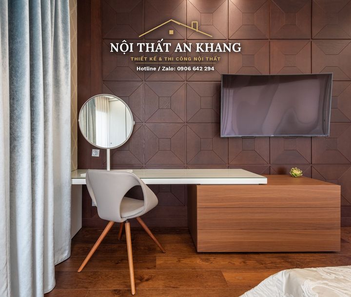 Căn hộ hiện đại ốp gỗ nâu trầm, sàn terrazzo – phòng khách, bếp, phòng ngủ – góc 10