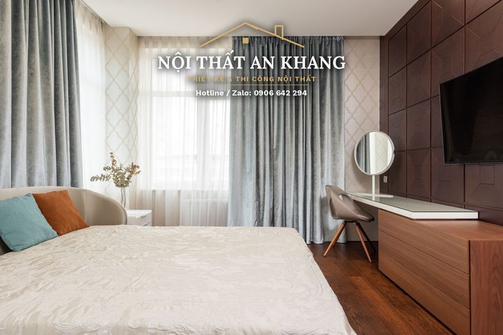 Căn hộ hiện đại ốp gỗ nâu trầm, sàn terrazzo – phòng khách, bếp, phòng ngủ – góc 12