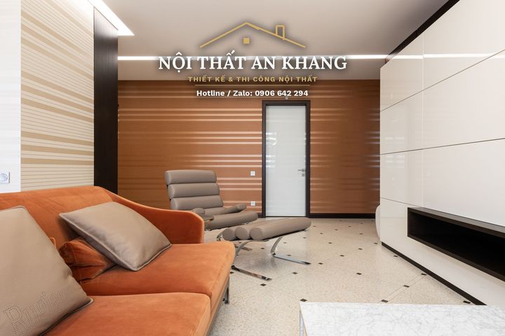 Căn hộ hiện đại ốp gỗ nâu trầm, sàn terrazzo – phòng khách, bếp, phòng ngủ – góc 2