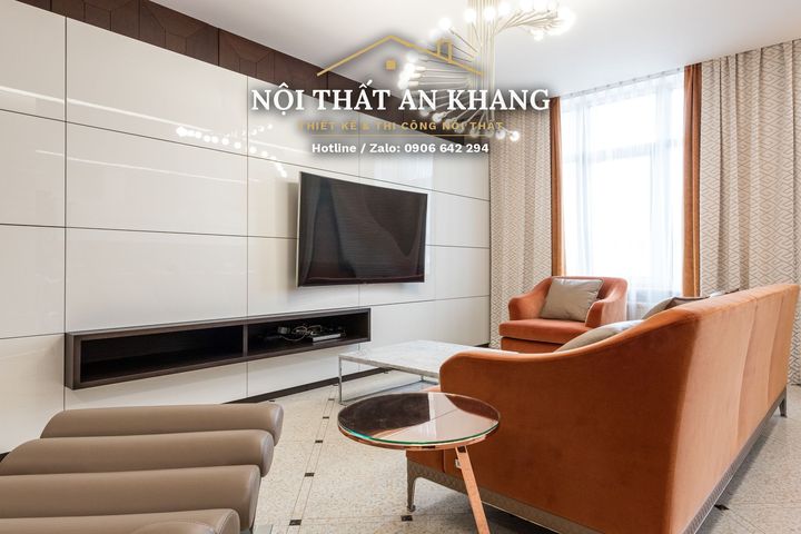 Căn hộ hiện đại ốp gỗ nâu trầm, sàn terrazzo – phòng khách, bếp, phòng ngủ – góc 3