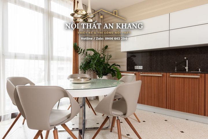 Căn hộ hiện đại ốp gỗ nâu trầm, sàn terrazzo – phòng khách, bếp, phòng ngủ – góc 4