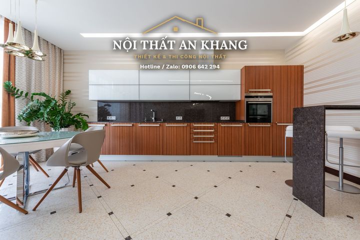 Căn hộ hiện đại ốp gỗ nâu trầm, sàn terrazzo – phòng khách, bếp, phòng ngủ – góc 5