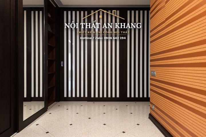 Căn hộ hiện đại ốp gỗ nâu trầm, sàn terrazzo – phòng khách, bếp, phòng ngủ – góc 7