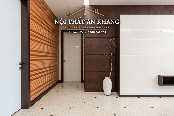 Căn hộ hiện đại ốp gỗ nâu trầm, sàn terrazzo – phòng khách, bếp, phòng ngủ – góc 9