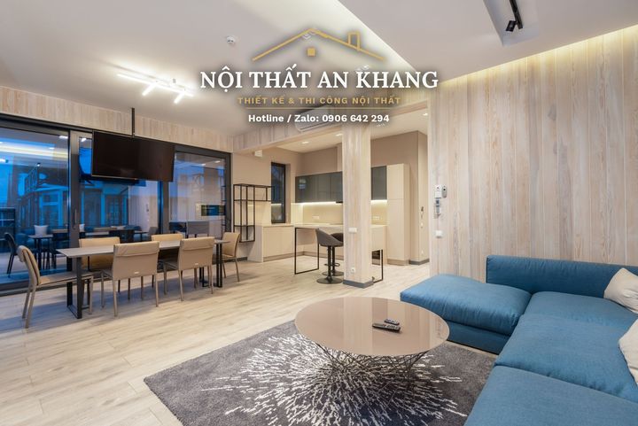 Căn hộ gỗ sáng, sofa xanh dương – khách, bếp, phòng ngủ, phòng bé, phòng tắm – mẫu thiết kế nội thất căn hộ