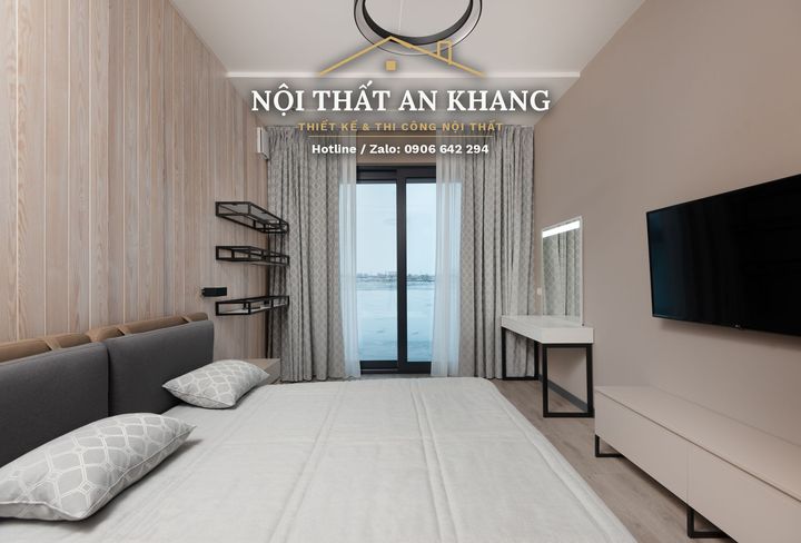 Căn hộ gỗ sáng, sofa xanh dương – khách, bếp, phòng ngủ, phòng bé, phòng tắm – góc 15