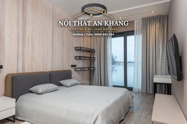 Căn hộ gỗ sáng, sofa xanh dương – khách, bếp, phòng ngủ, phòng bé, phòng tắm – góc 17
