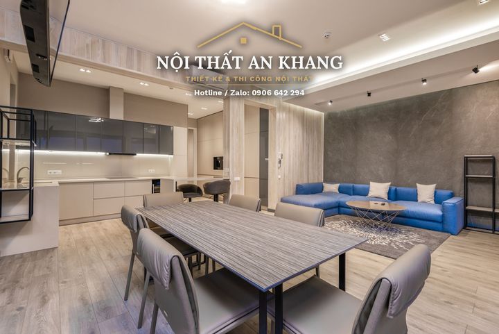 Căn hộ gỗ sáng, sofa xanh dương – khách, bếp, phòng ngủ, phòng bé, phòng tắm – góc 2