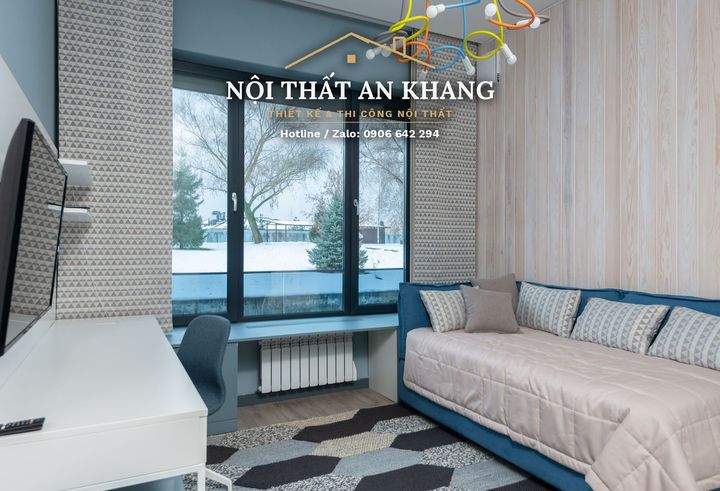 Căn hộ gỗ sáng, sofa xanh dương – khách, bếp, phòng ngủ, phòng bé, phòng tắm – góc 22