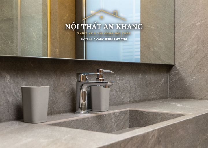 Căn hộ gỗ sáng, sofa xanh dương – khách, bếp, phòng ngủ, phòng bé, phòng tắm – góc 27