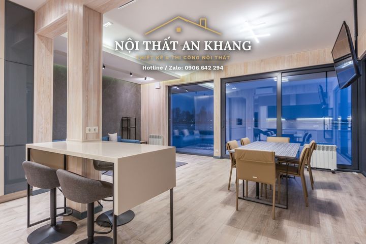 Căn hộ gỗ sáng, sofa xanh dương – khách, bếp, phòng ngủ, phòng bé, phòng tắm – góc 5