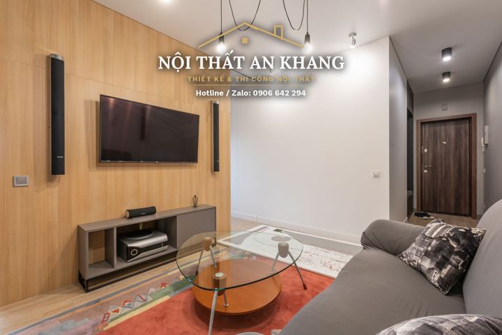 Căn hộ nhỏ gỗ sồi vàng – phòng khách & bếp – góc 1