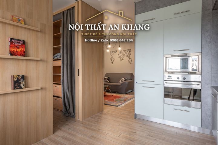 Căn hộ nhỏ gỗ sồi vàng – phòng khách & bếp – góc 5