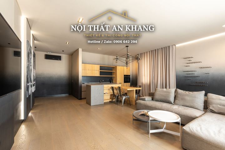 Phòng khách – bếp căn hộ gỗ sồi – góc 10