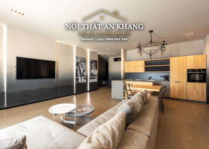 Phòng khách – bếp căn hộ gỗ sồi – góc 2