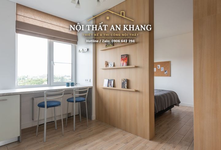 Phòng ngủ gỗ sồi vàng – tủ áo mở, vách đầu giường ốp gỗ – góc 9