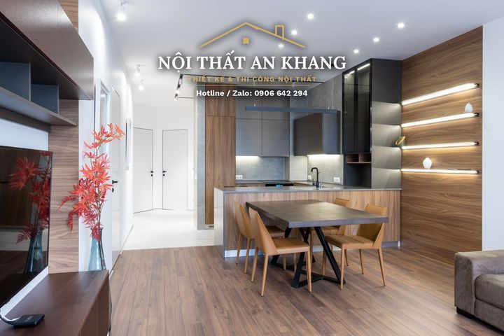 Căn hộ hiện đại vách gỗ LED – phòng khách, bếp, phòng ngủ, phòng tắm – góc 1