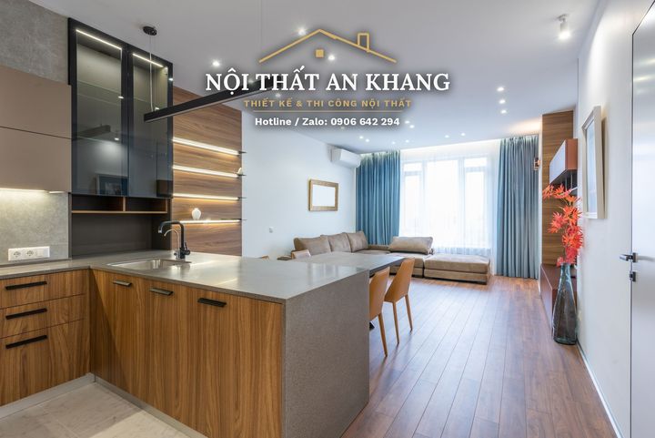 Căn hộ hiện đại vách gỗ LED – phòng khách, bếp, phòng ngủ, phòng tắm – góc 2