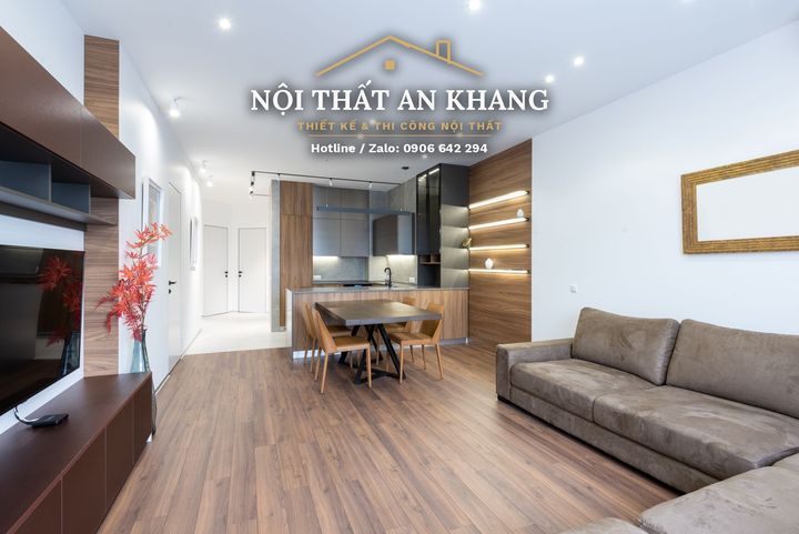 Căn hộ hiện đại vách gỗ LED – phòng khách, bếp, phòng ngủ, phòng tắm – góc 3