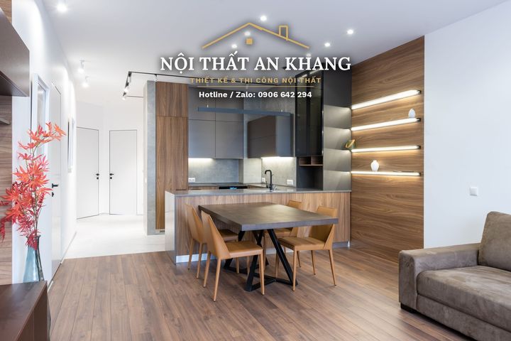 Căn hộ hiện đại vách gỗ LED – phòng khách, bếp, phòng ngủ, phòng tắm – góc 4