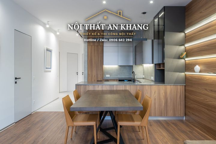 Căn hộ hiện đại vách gỗ LED – phòng khách, bếp, phòng ngủ, phòng tắm – góc 6