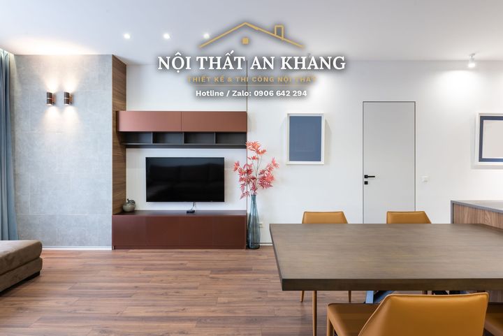 Căn hộ hiện đại vách gỗ LED – phòng khách, bếp, phòng ngủ, phòng tắm – góc 9