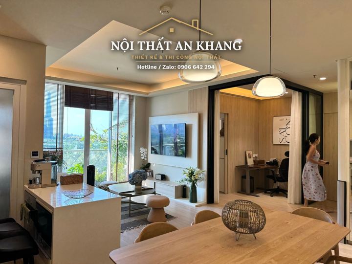 Căn hộ Japandi gỗ sồi – phòng khách, bếp, bàn ăn – góc 5