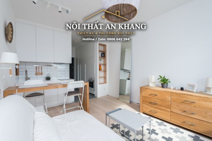 Căn hộ studio Japandi gỗ vàng – khách, bếp, bàn làm việc, phòng tắm – góc 11