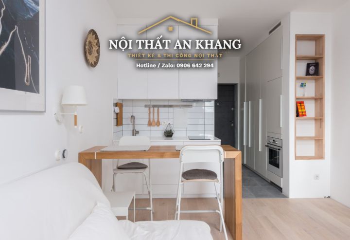 Căn hộ studio Japandi gỗ vàng – khách, bếp, bàn làm việc, phòng tắm – góc 14
