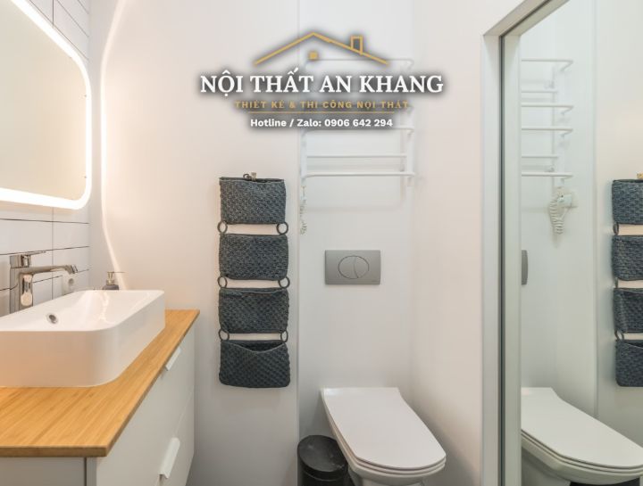 Căn hộ studio Japandi gỗ vàng – khách, bếp, bàn làm việc, phòng tắm – góc 19