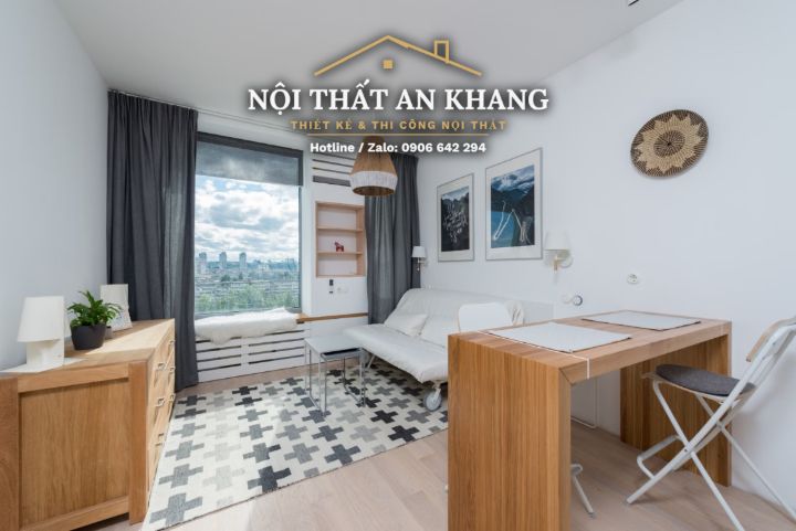 Căn hộ studio Japandi gỗ vàng – khách, bếp, bàn làm việc, phòng tắm – góc 4