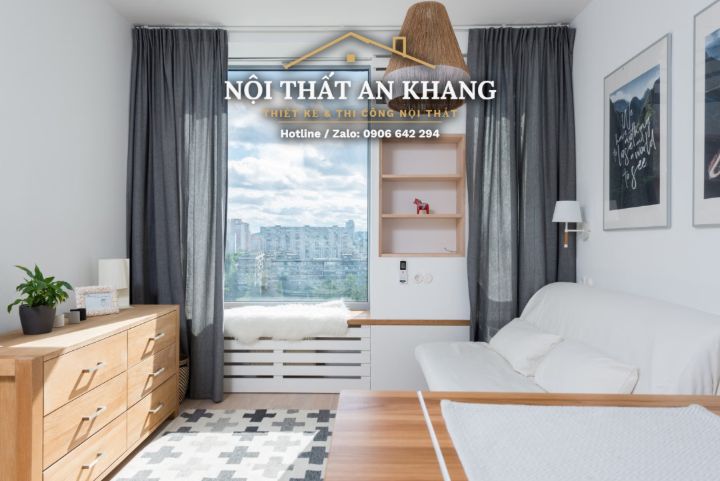 Căn hộ studio Japandi gỗ vàng – khách, bếp, bàn làm việc, phòng tắm – góc 6