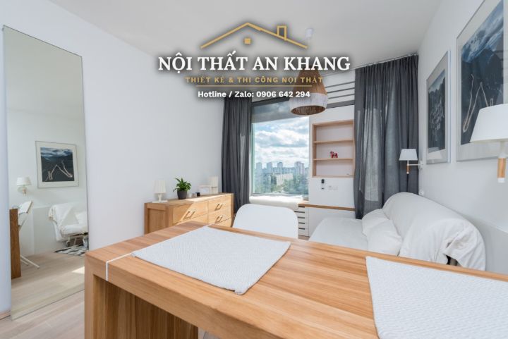 Căn hộ studio Japandi gỗ vàng – khách, bếp, bàn làm việc, phòng tắm – góc 7