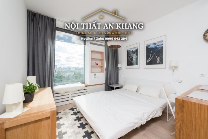 Căn hộ studio Japandi gỗ vàng – khách, bếp, bàn làm việc, phòng tắm – góc 8