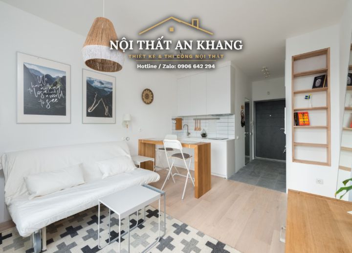 Căn hộ studio Japandi gỗ vàng – khách, bếp, bàn làm việc, phòng tắm – góc 9