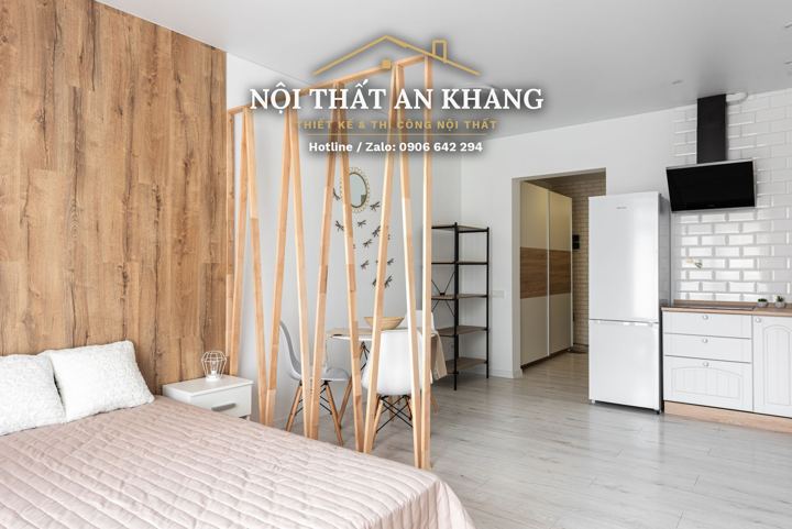 Căn hộ studio Japandi – vách lam gỗ sồi ngăn phòng ngủ – góc 2
