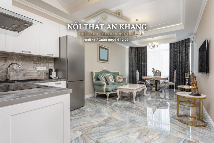 Căn hộ tân cổ điển xanh ngọc – phòng khách, bếp, phòng ngủ, phòng tắm – góc 10