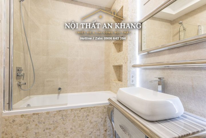 Căn hộ tân cổ điển xanh ngọc – phòng khách, bếp, phòng ngủ, phòng tắm – góc 12