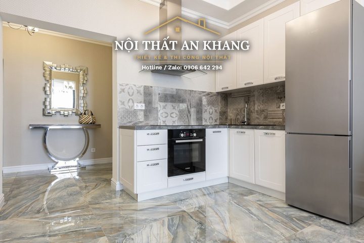 Căn hộ tân cổ điển xanh ngọc – phòng khách, bếp, phòng ngủ, phòng tắm – góc 16