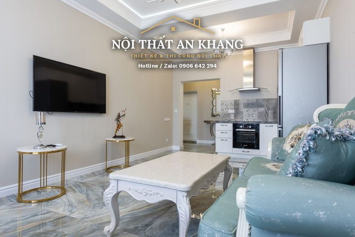 Căn hộ tân cổ điển xanh ngọc – phòng khách, bếp, phòng ngủ, phòng tắm – góc 17