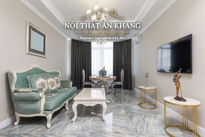 Căn hộ tân cổ điển xanh ngọc – phòng khách, bếp, phòng ngủ, phòng tắm – góc 19