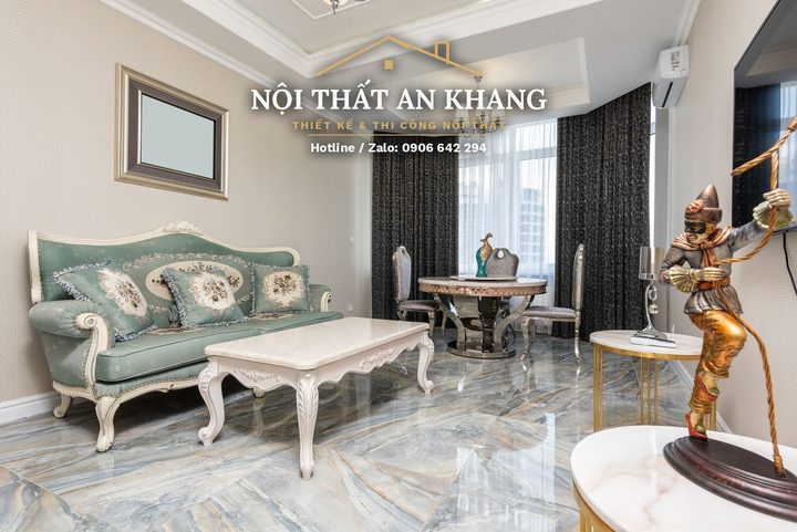 Căn hộ tân cổ điển xanh ngọc – phòng khách, bếp, phòng ngủ, phòng tắm – góc 2