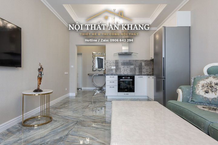 Căn hộ tân cổ điển xanh ngọc – phòng khách, bếp, phòng ngủ, phòng tắm – góc 4