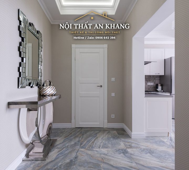 Căn hộ tân cổ điển xanh ngọc – phòng khách, bếp, phòng ngủ, phòng tắm – góc 5