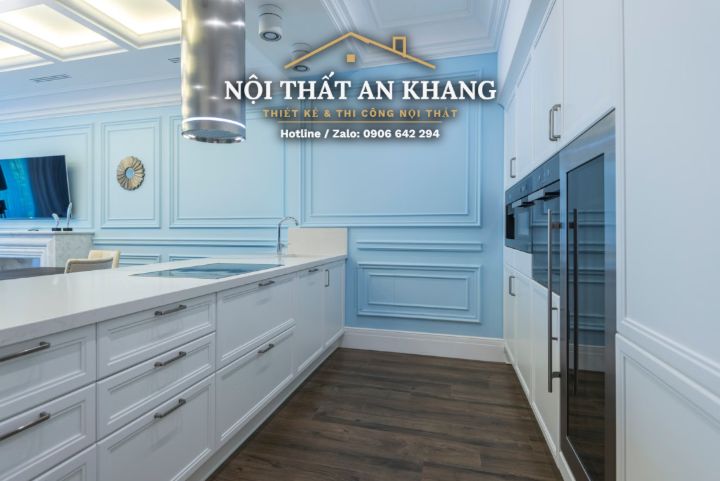 Căn hộ tân cổ điển xanh pastel – phòng khách, bếp, bàn ăn, phòng tắm – góc 12