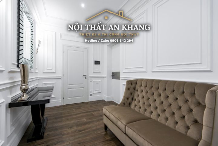 Căn hộ tân cổ điển xanh pastel – phòng khách, bếp, bàn ăn, phòng tắm – góc 14