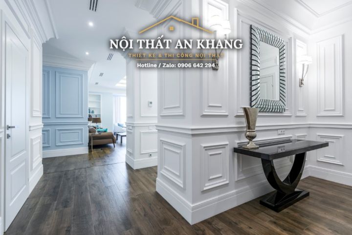 Căn hộ tân cổ điển xanh pastel – phòng khách, bếp, bàn ăn, phòng tắm – góc 16